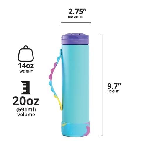 Elemental Iconic Kids Water Bottle with Straw Lid & Stress Reliever Pop It Handle, Leak-Proof When Closed, Triple Insulated Stainless Steel Reusable Thermos Water Bottle, 20oz - Blue Tie Dye