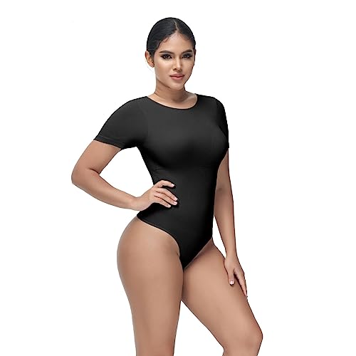 Shapewear Bodysuit for Women Tummy Control Tops Crew Neck Short Sleeve Body Suit Thong Sculpting Clothing's with Removable Padding and Straps (Black Large)