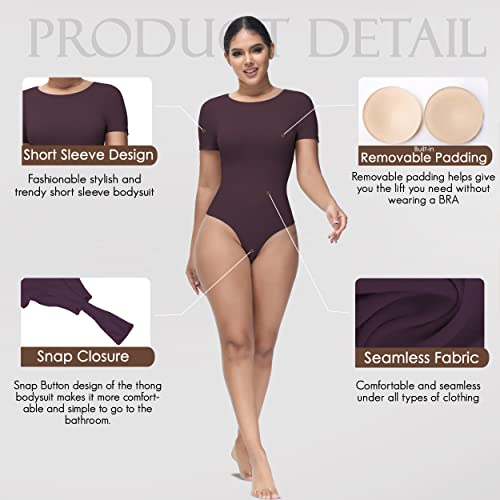 Soo slick Shapewear Bodysuit for Women Tummy Control Tops Crew Neck Short Sleeve Thong Sculpting Clothing with Removable Padding and Straps (Brown Small)