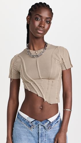 Sami Miro Vintage Women's Asymmetric Short Sleeve Tee, Taupe, Tan, XL