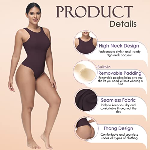 Soo slick Shapewear Bodysuit for Women Tummy Control Tops High Neck Sleeveless Bodysuit Thong Sculpting with Removable Padding Body Shaper (Brown X-Small)