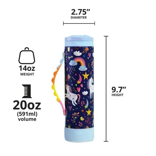 Elemental Iconic Kids Water Bottle with Straw Lid & Stress Reliever Pop It Handle, Leak-Proof When Closed, Triple Insulated Stainless Steel Reusable Thermos Water Bottle, 20oz - Unicorn