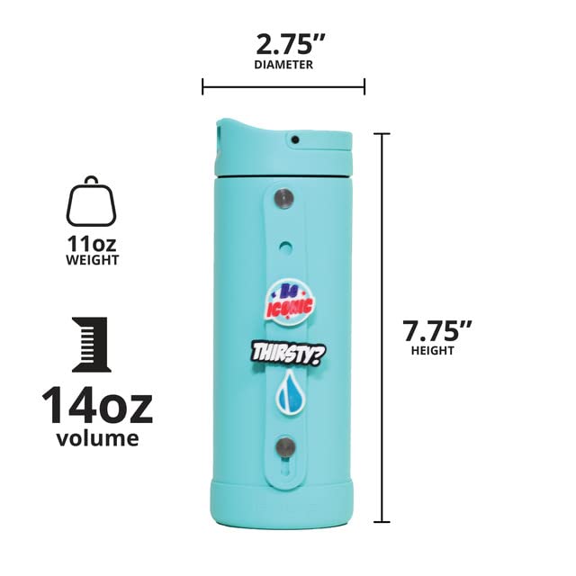 Elemental Iconic Kids Water Bottle with Straw Lid & Charms Strap, Leak-Proof When Closed, Triple Insulated Stainless Steel Reusable Thermos Water Bottle - 14oz, Robin's Egg