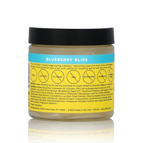 Curls Blueberry Bliss Super Hold Edge Control - 4 oz, Edge Fixer Strong Hold Hair Gel, For Styling Type 4 Hair, Flake-Free Instant Shine, Enriched with Castor Oil, Blueberry Seed Oil, Rosemary Leaf