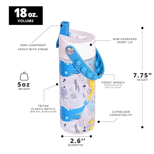 Elemental Leak Proof Water Bottles for Kids - Splash Kids Water Bottle for School with Pop-it Handle - BPA Free Tritan Plastic Reusable Water Bottle with Straw - Ocean Friends - 18oz