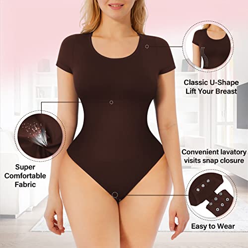 Bodysuit for Women - Seamless Body Shaper Short Sleeve Shapewear Shaping Sculpting Suit Thong Medium