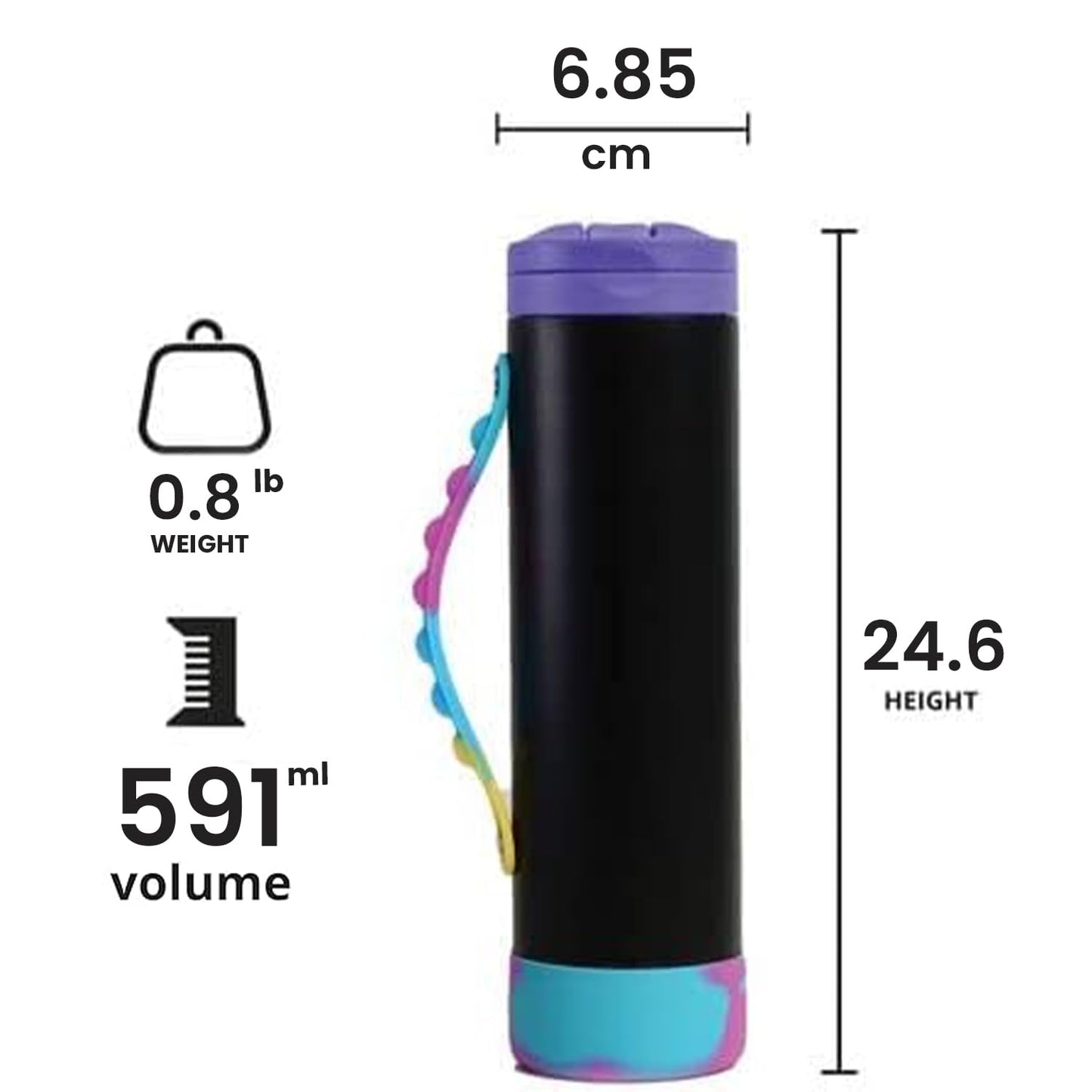 Elemental Iconic Kids Water Bottle with Straw Lid & Stress Reliever Pop It Handle, Leak-Proof When Closed, Triple Insulated Stainless Steel Reusable Thermos Water Bottle, 20oz - Black Tie Dye
