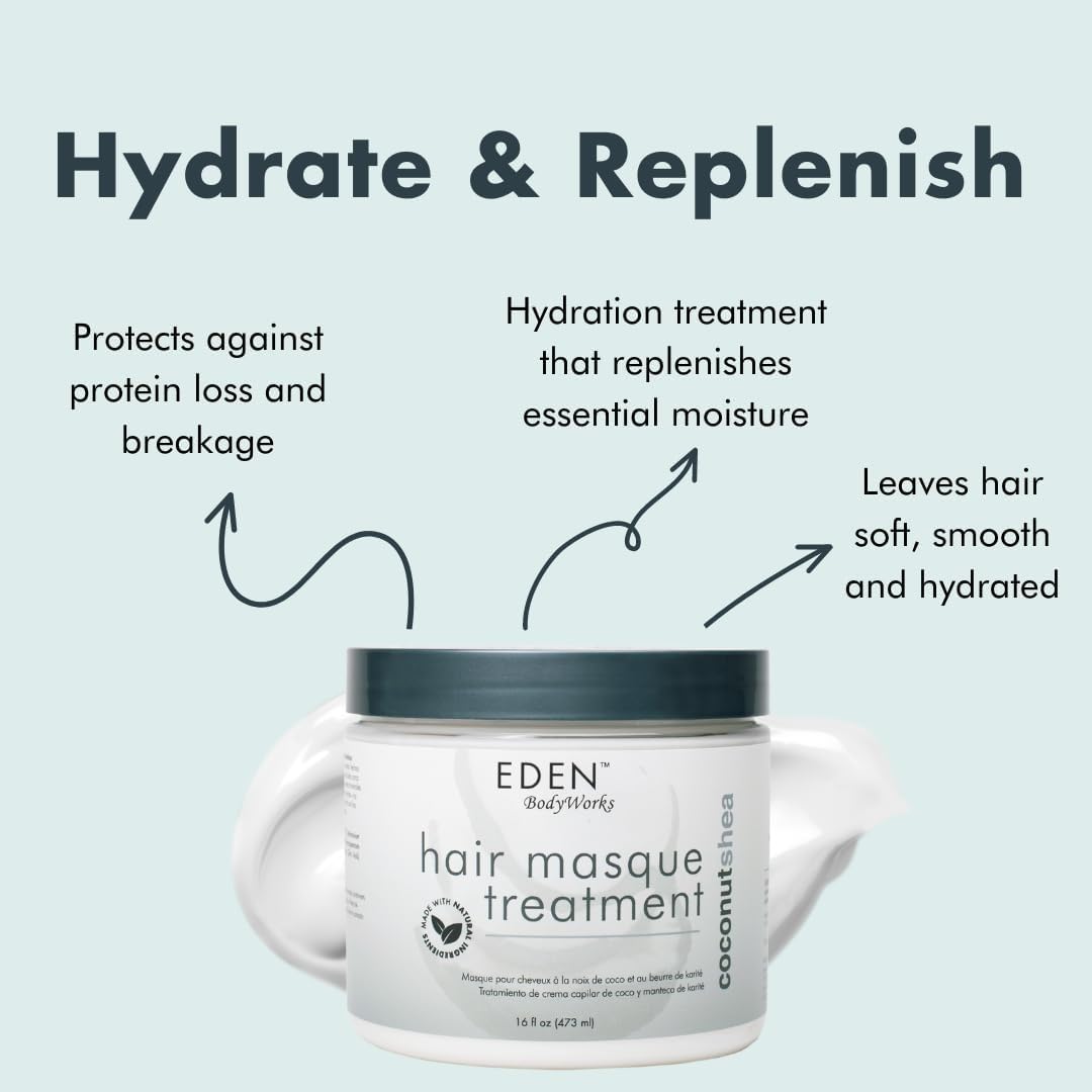 EDEN BodyWorks Coconut Shea Moisturizing Hair Masque Treatment | 16 oz | Hydrate, Protect, Soften, Add Shine - Packaging May Vary