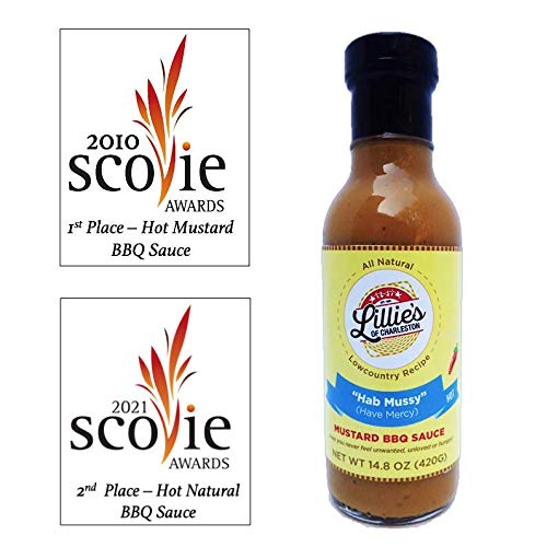 Lillie's of Charleston Hab Mussy Hot Mustard BBQ Sauce | Award Winning | Natural, No Preservatives, Vegan | Great with Chicken, Pork Ribs and Shoulder, Fish, Seafood | 14.8 Oz Bottle