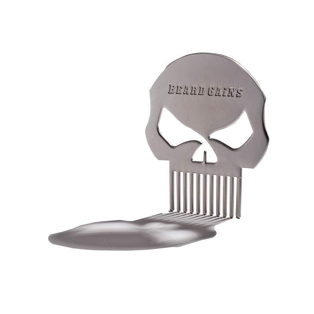 BEARD GAINS Punisher Skull Pocket-Sized Metal Beard Comb | Shape, Style and Groom Your Facial Hairs | Made in USA
