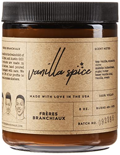 FRÈRES BRANCHIAUX Vanilla Spice 8 oz Scented Soy Single Wick Candle with Burn Time of 25-40+ Hours