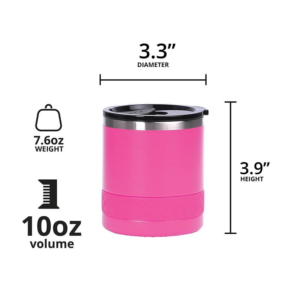 Elemental Recess Lowball Tumbler, 10oz Triple Wall Stainless Steel Cup with Non-Shattered Tritan Lid, Insulated Whiskey Glass, Insulated Coffee Tumbler Mug for Hot & Cold Drinks - Hot Pink
