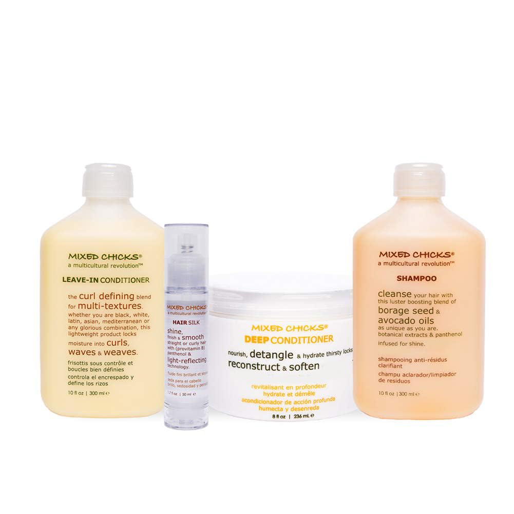 Mixed Chicks Quad Pack - Shampoo 10 fl. oz., Deep Conditioner, 8.0 fl. oz., Leave-In Conditioner, 10 fl. oz., Hair Silk, 1.7 fl. oz