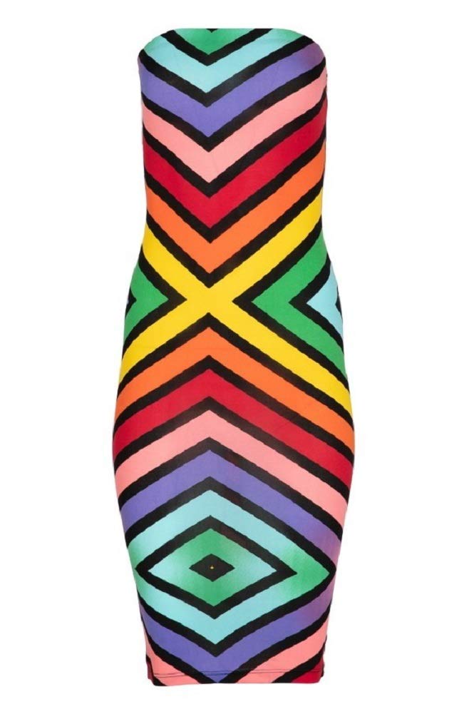 2Chique Boutique Women's Printed Tube Midi Length Dress (Small, Rainbow Color Block Print)