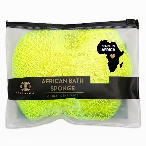 BELLANOMI African Exfoliating Net Sponge, Authentic, Ethically sourced from Nigeria, 45 inches Long, Back Scrubber for Daily use (Lemon)