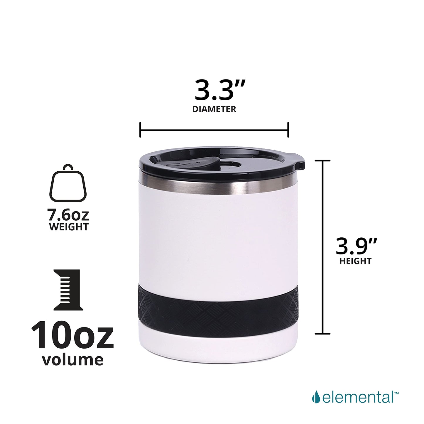 Elemental Recess Lowball Tumbler, 10oz Triple Wall Stainless Steel Cup with Non-Shattered Tritan Lid, Insulated Whiskey Glass, Insulated Coffee Tumbler Mug for Hot & Cold Drinks - White