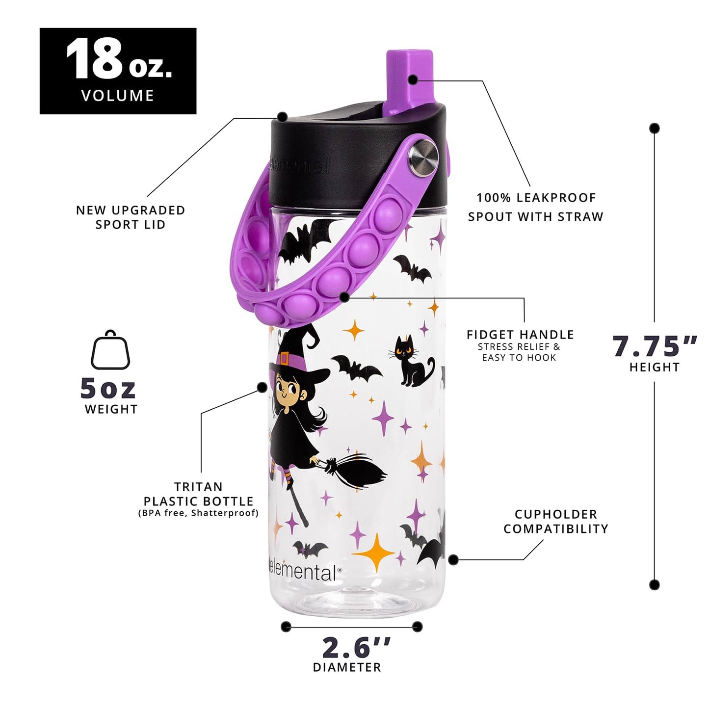 Elemental Leak Proof Water Bottles for Kids - Splash Kids Water Bottle for School with Pop-it Handle - BPA Free Tritan Plastic Reusable Water Bottle with Straw - Little Witch - 18oz