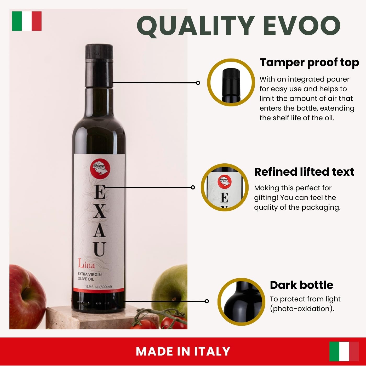 EXAU Extra Virgin Olive Oil - Lina, 897 mg/kg Polyphenol Rich Olive Oil, Cold Extracted Premium Italian EVOO Made in Italy, Use for Drinking Cooking and Finishing, 16.9 fl oz (500ml)