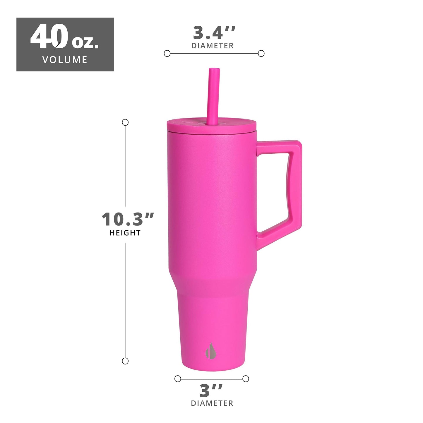 Elemental 40 oz Tumbler with Handle and Straw - Spill Proof Insulated Stainless Steel Commuter for Hot and Cold Beverages - Travel Coffee Mug with 2 Straws & Spill Proof Lid - 40oz - Hot Pink