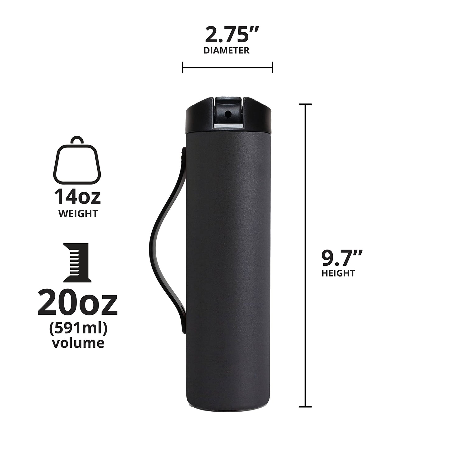 Elemental Iconic Stainless Steel Water Bottle with Straw - 20 oz Leak Proof Triple Wall Insulated Water Bottles for Travel and Sports - Reusable Gym Water Bottle with 2 Straws - Black