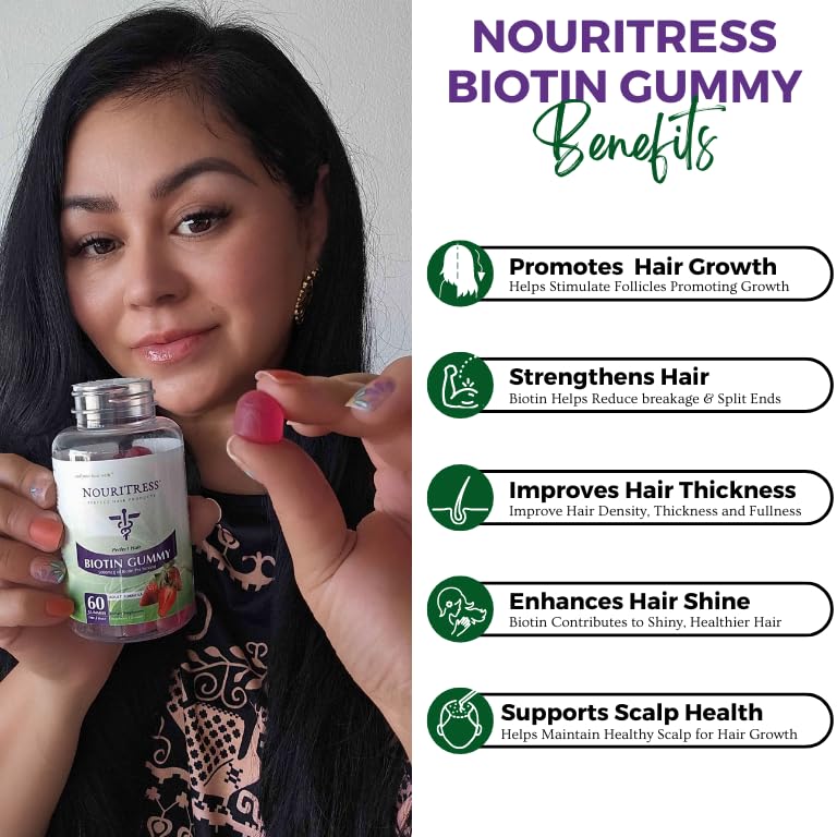 NouriTress Perfect Hair Biotin Gummies - 60 ct. | 5000 mcg | Soft Chew | Supports Healhty Hair, Skin and Nails | Strawberry Flavored | Soft Chew | 1 Month Supply