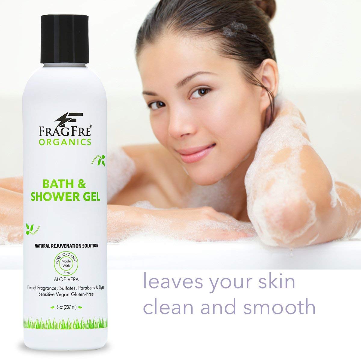 FRAGFRE Organic Shower Gel 2/Pack - Fragrance Free Sulfate Free Parabens Free - for Itchy Dry Sensitive Skins - 8 oz - Gluten Free Vegan Cruelty Free - Organic Aloe Vera Bath Shower Gel - pure Natural