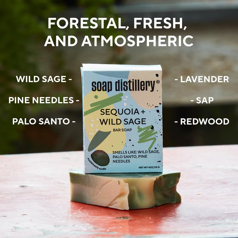 Soap Distillery Sequoia + Wild Sage Bar Soap Two Pack - Adventurous Scent - Gift for Active People - Smell like the Forest - Redwoods Soap - Gift for Hikers