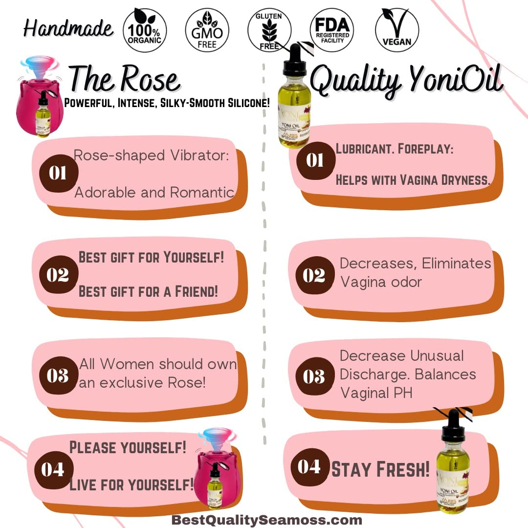Yoni Oil Gift Set. Rose Toys for Women, Sucking Vibrator with 7 Intense Suction. Feminine Oil Vaginal Health Moisturizer and Soothing Relief (Red) (1)