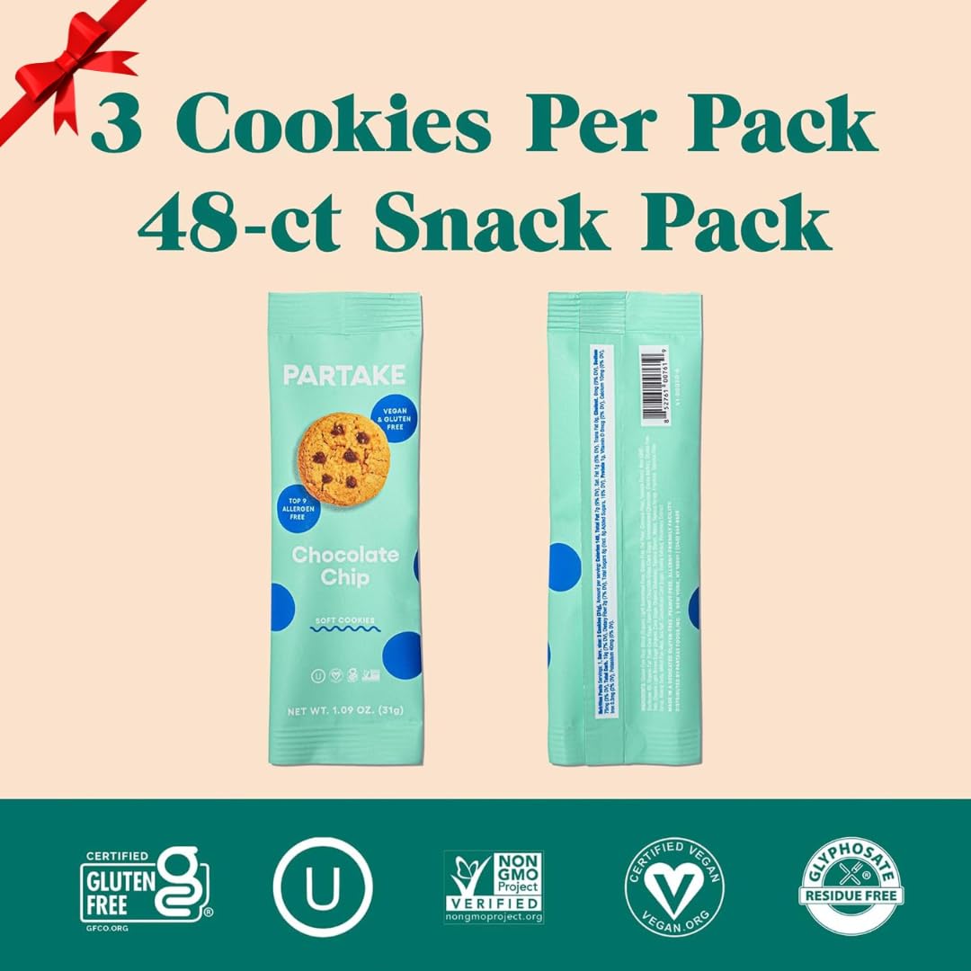 Partake Foods Soft Baked Allergy-Friendly Chocolate Chip Vegan Cookies| Non-GMO, Gluten Free, Dairy Free, Nut Free, Egg Free, Wheat Free, Soy Free | Safe School Snack for Kids - 48-Ct Snack Pack