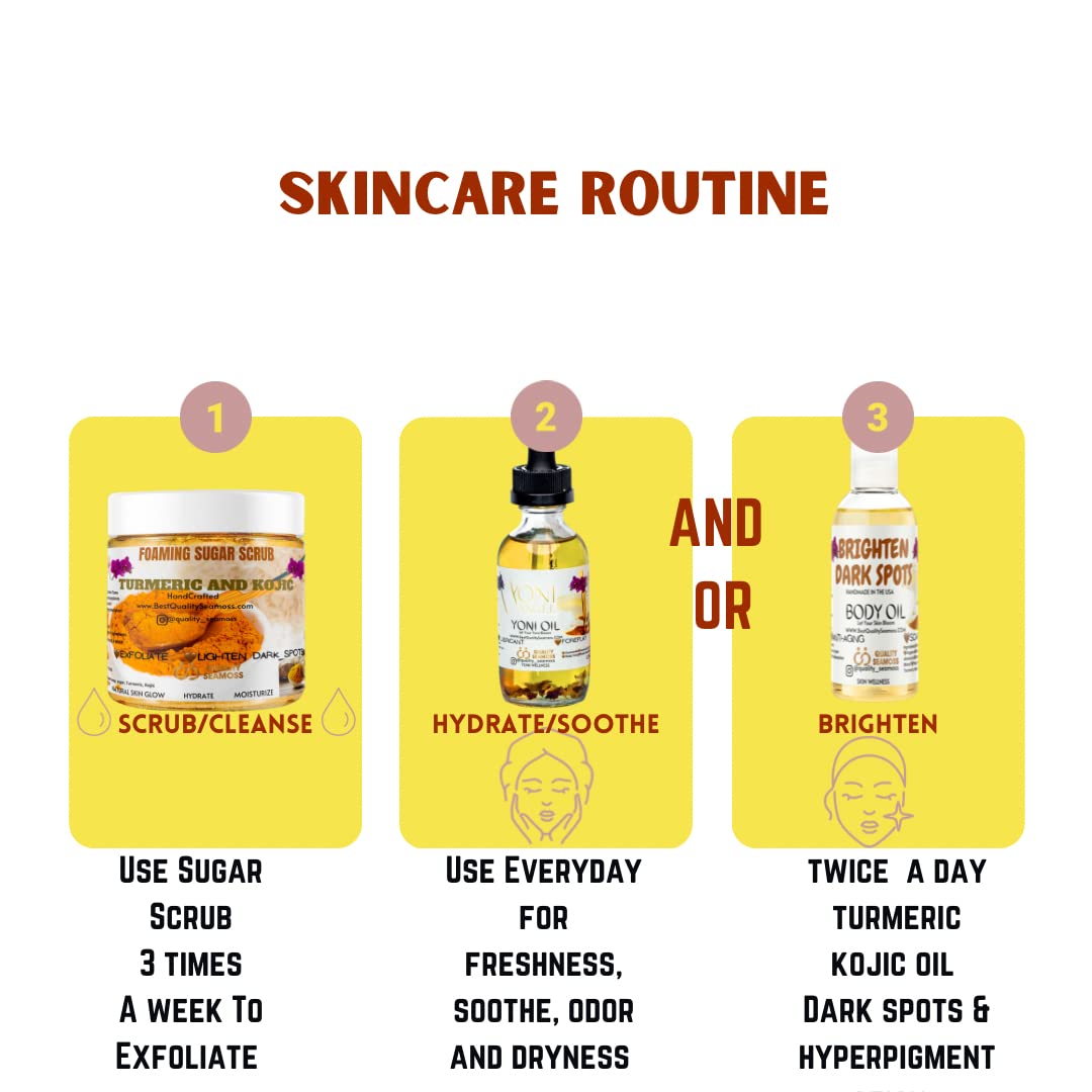 3-piece Set Kojic Turmeric Sugar scrub Face&Body Oil with Yoni Oil for Stretch marks Ph Balance Odor, Fade Scars Sun Damage; Bikini area, Armpits (3-piece Dark Spot Oil, Sugar Scrub and Yoni Oil-)