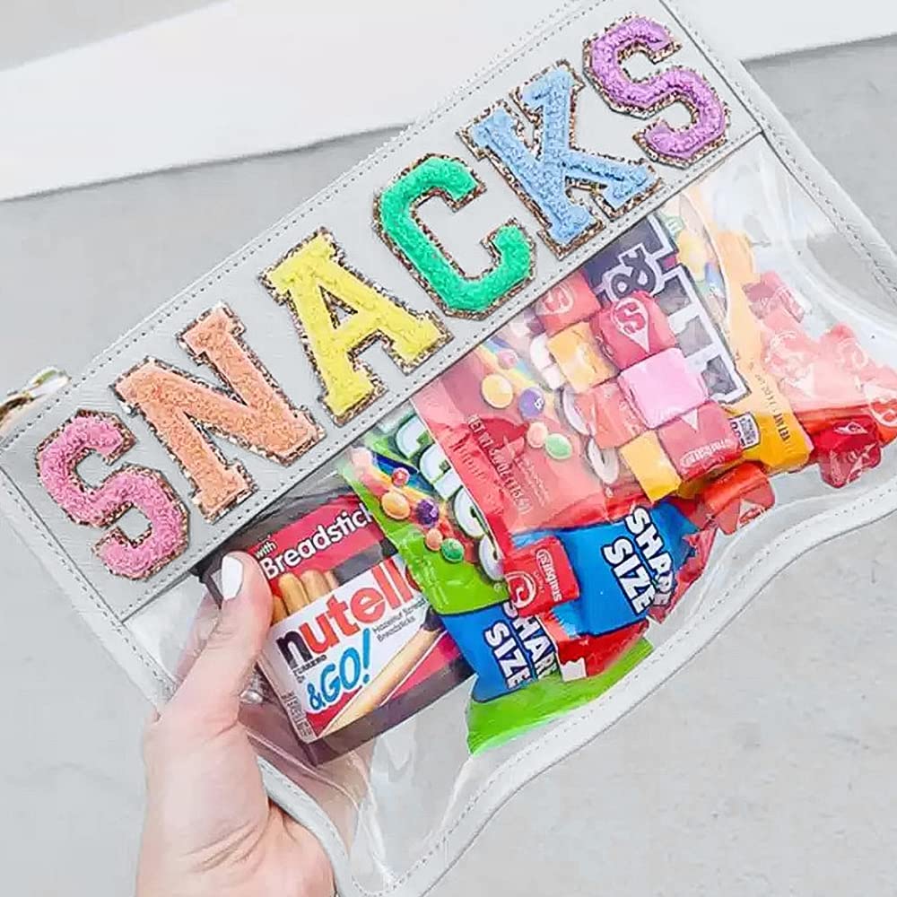 Sage Nation Chenille Letter Snack Pouch - PVC and Nylon Clear Snack Bag for Travel and Organization, Glitter Travel Bag With Zipper For Women and Children, White Snacks Bag, Chenille Letter Bag
