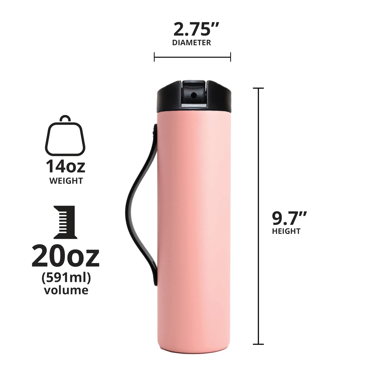 Elemental Iconic Stainless Steel Water Bottle with Straw - 20 oz Leak Proof Triple Wall Insulated Water Bottles for Travel and Sports - Reusable Gym Water Bottle with 2 Straws - Matte Rose
