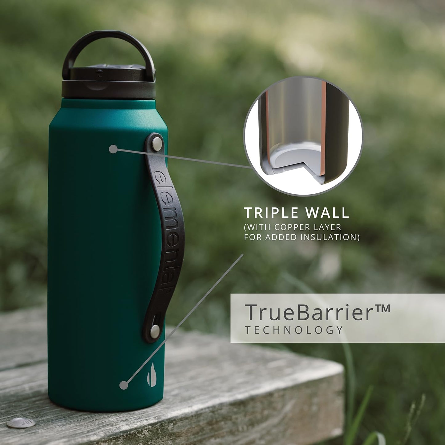 Elemental Iconic Stainless Steel Water Bottle with Straw - 20 oz Leak Proof Triple Wall Insulated Water Bottles for Travel and Sports - Reusable Gym Water Bottle with 2 Straws - Forest Green