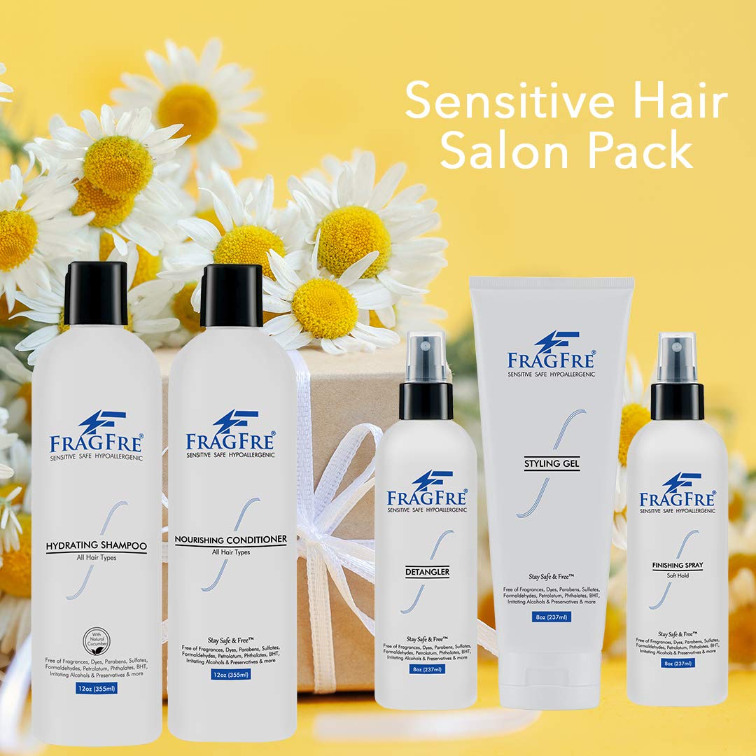 FRAGFRE Professional Hair Salon Set for Sensitive Skin 8/12 oz/ea (5-Pack Gift Set) - Shampoo-Conditioner-Detangler-Styling Gel-Finishing Spray - Soothing Wash and Set - No Sulfate No Fragrance Vegan