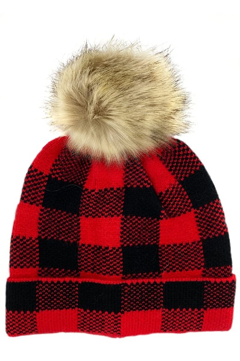 2Chique Boutique Women's Red and Black Pom Pom Beanie