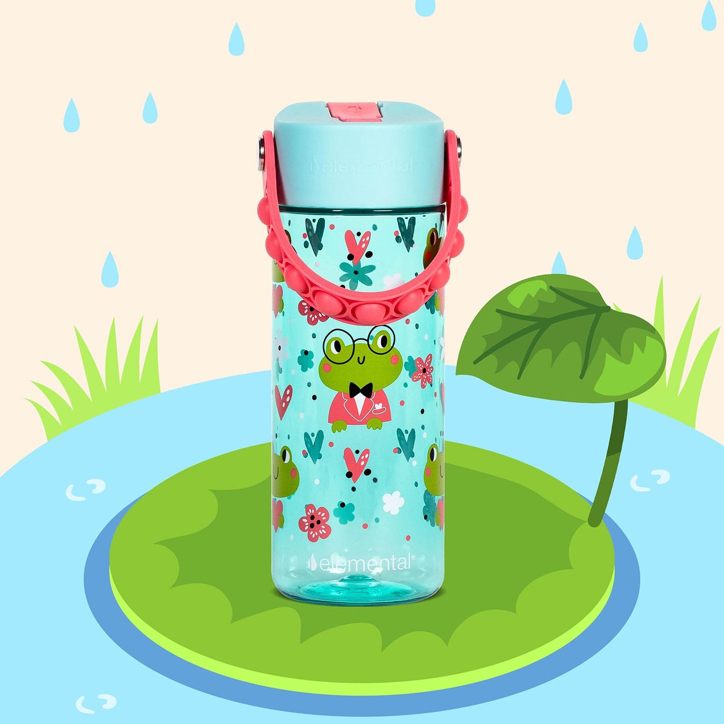 Elemental Leak Proof Water Bottles for Kids - Splash Kids Water Bottle for School with Pop-it Handle - BPA Free Tritan Plastic Reusable Water Bottle with Straw - Fancy Frog - 18oz