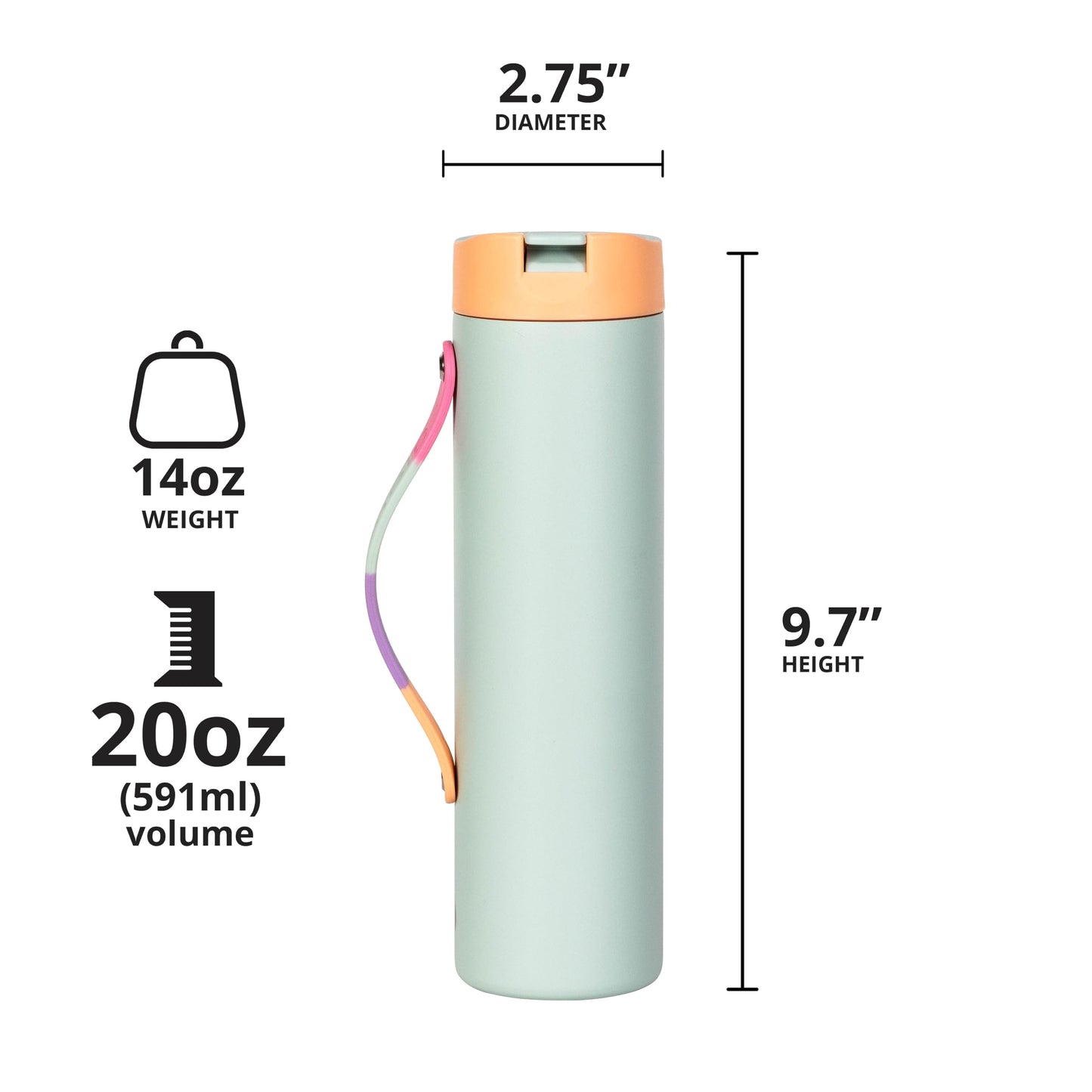Elemental Iconic Stainless Steel Water Bottle with Straw - 20 oz Leak Proof Triple Wall Insulated Water Bottles for Travel and Sports - Reusable Gym Water Bottle with 2 Straws - Mint Sorbet