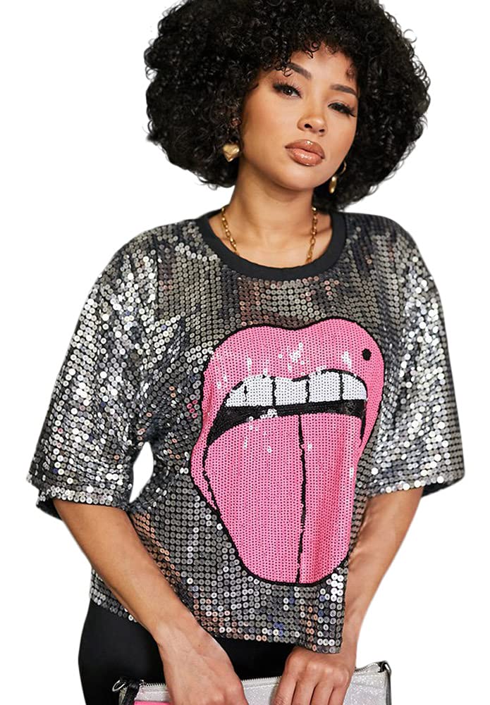 2Chique Boutique Women's Short Sleeve Round Neck Sequins Printed Top (medium) Silver