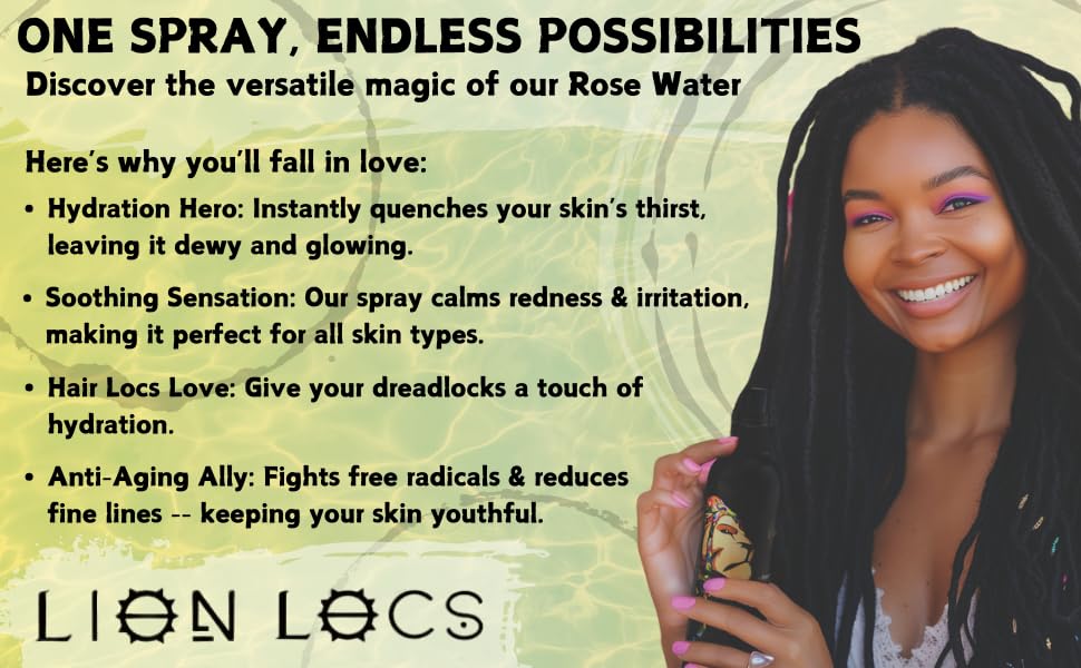 Lion Locs Rosewater Spray for Dreads and Locs - Organic Vegan Conditioner with Aloe, Oils, Vitamins, and Glycerin