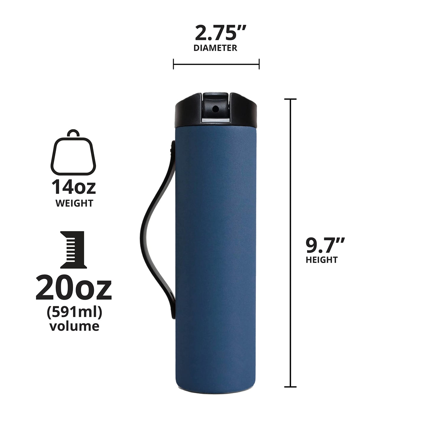 Elemental Iconic Stainless Steel Water Bottle with Straw - 20 oz Leak Proof Triple Wall Insulated Water Bottles for Travel and Sports - Reusable Gym Water Bottle with 2 Straws - Navy Blue