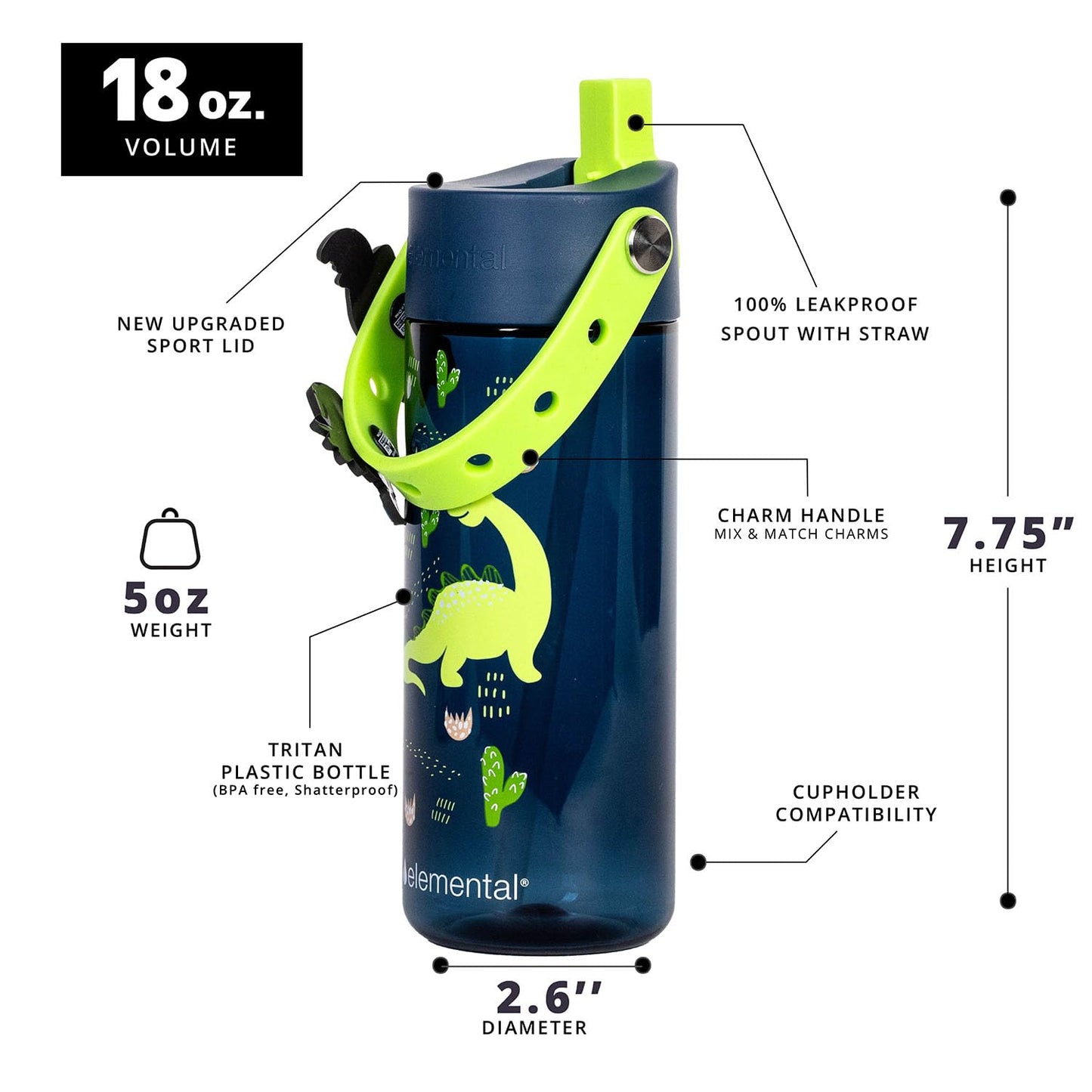 Elemental Leak Proof Water Bottles for Kids - Splash Kids Water Bottle for School with Fun Charm Handle - BPA Free Tritan Plastic Reusable Water Bottle with Straw - Dinosaur Friends - 18oz