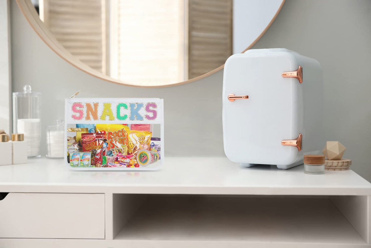 Sage Nation Chenille Letter Snack Pouch - PVC and Nylon Clear Snack Bag for Travel and Organization, Glitter Travel Bag With Zipper For Women and Children, White Snacks Bag, Chenille Letter Bag