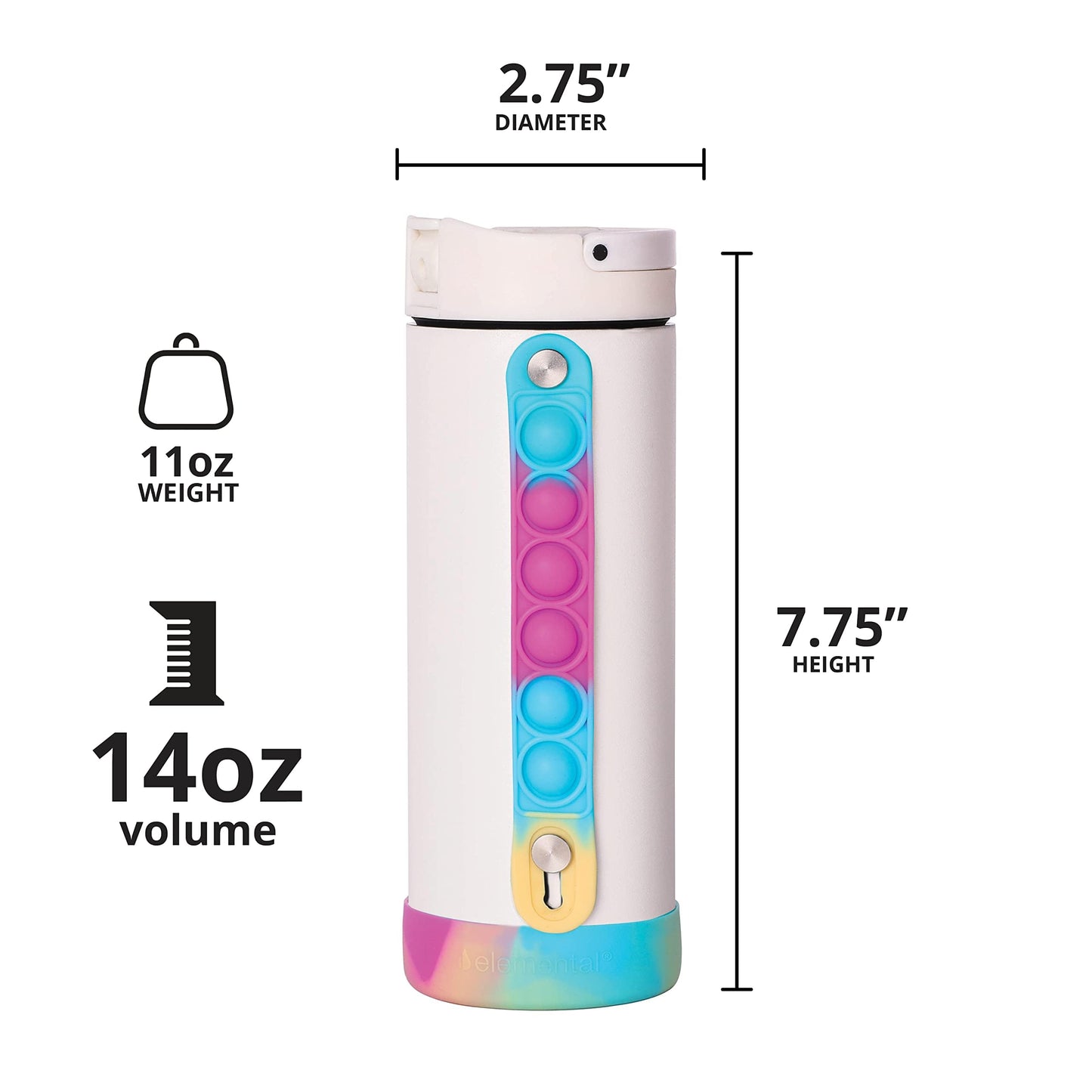 Elemental Iconic Kids Water Bottle with Straw Lid & Stress Relief Pop It Handle, Leak-Proof When Closed, Triple Insulated Kids Stainless Steel Water Bottle For Girls and Boys, 14oz - White Tie Dye