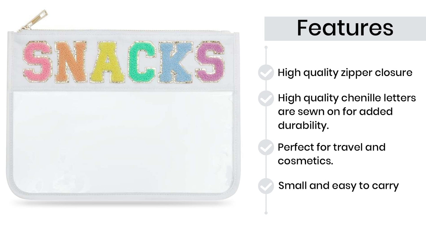 Sage Nation Chenille Letter Snack Pouch - PVC and Nylon Clear Snack Bag for Travel and Organization, Glitter Travel Bag With Zipper For Women and Children, White Snacks Bag, Chenille Letter Bag