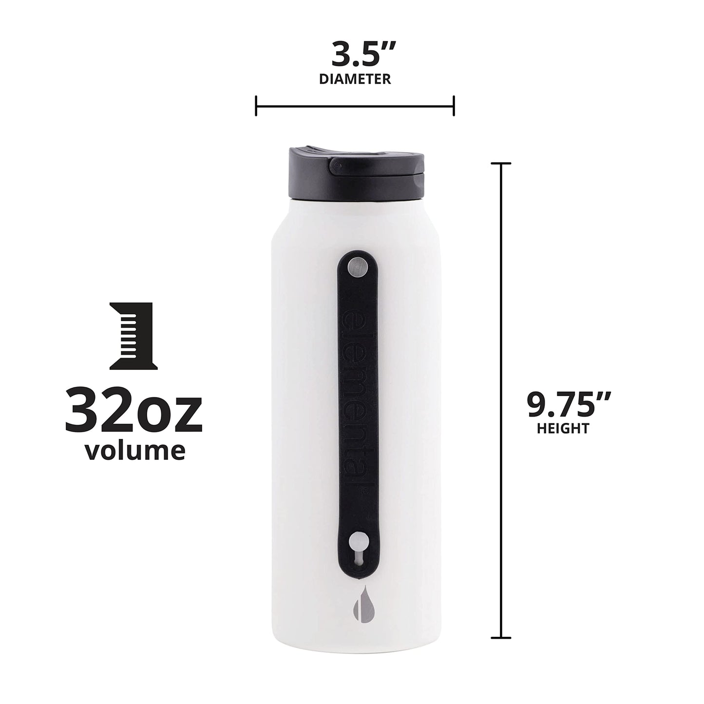 Elemental Iconic Stainless Steel Water Bottle with Straw - 32 oz Leak Proof Triple Wall Insulated Water Bottles for Travel and Sports - Reusable Gym Water Bottle with 2 Straws - White