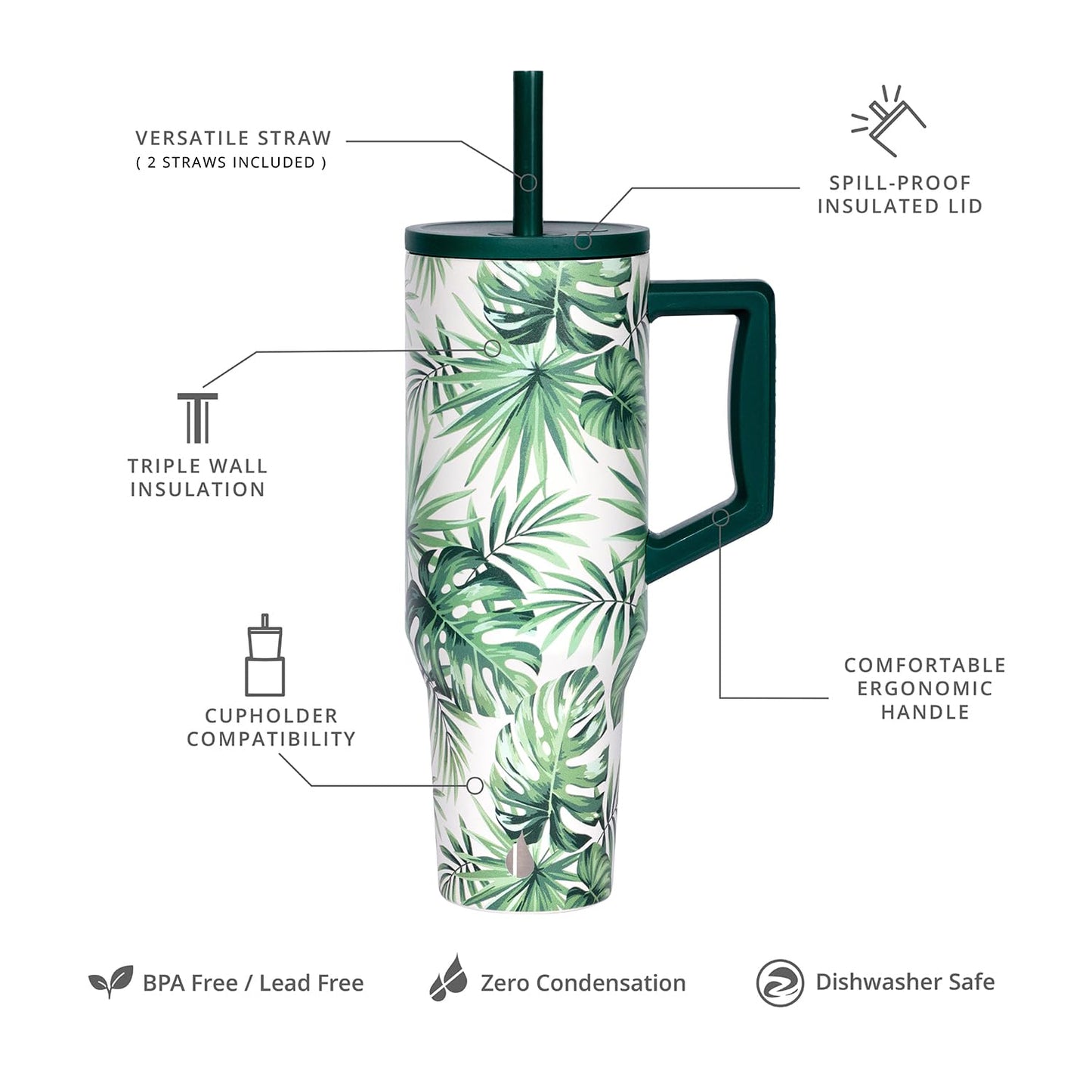 Elemental 40oz Tumbler with Handle and Straw - Spill Proof Insulated Stainless Steel Commuter for Hot & Cold Beverages - Travel Coffee Mug with 2 Straws & Spill Proof Lid - 40 oz - Monstera