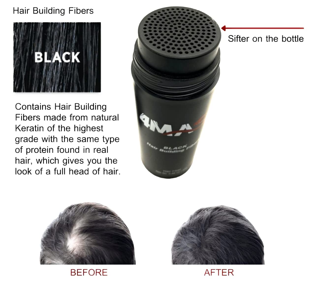 4MAS Hair Building Fibers | Line filling or Thinning Hair | Thicker Hair Look | 9 Shades for Men & Women | 25g