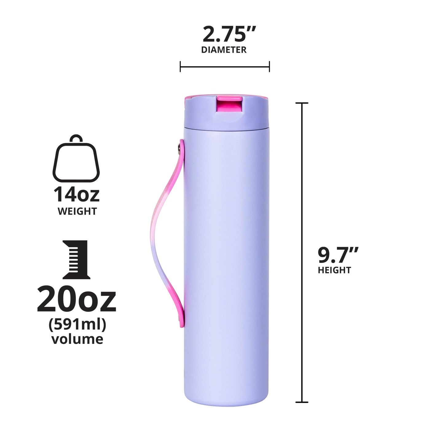 Elemental Iconic Stainless Steel Water Bottle with Straw - 20 oz Leak Proof Triple Wall Insulated Water Bottles for Travel and Sports - Reusable Gym Water Bottle with 2 Straws - Lilac Tie Dye