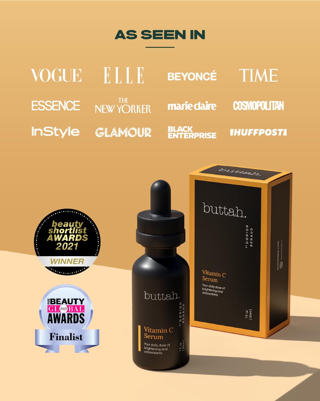 Buttah Skin Vitamin C Serum 1 FL oz e 30mL - For Face - Vitamin E - Ferulic Acid - Green Tea