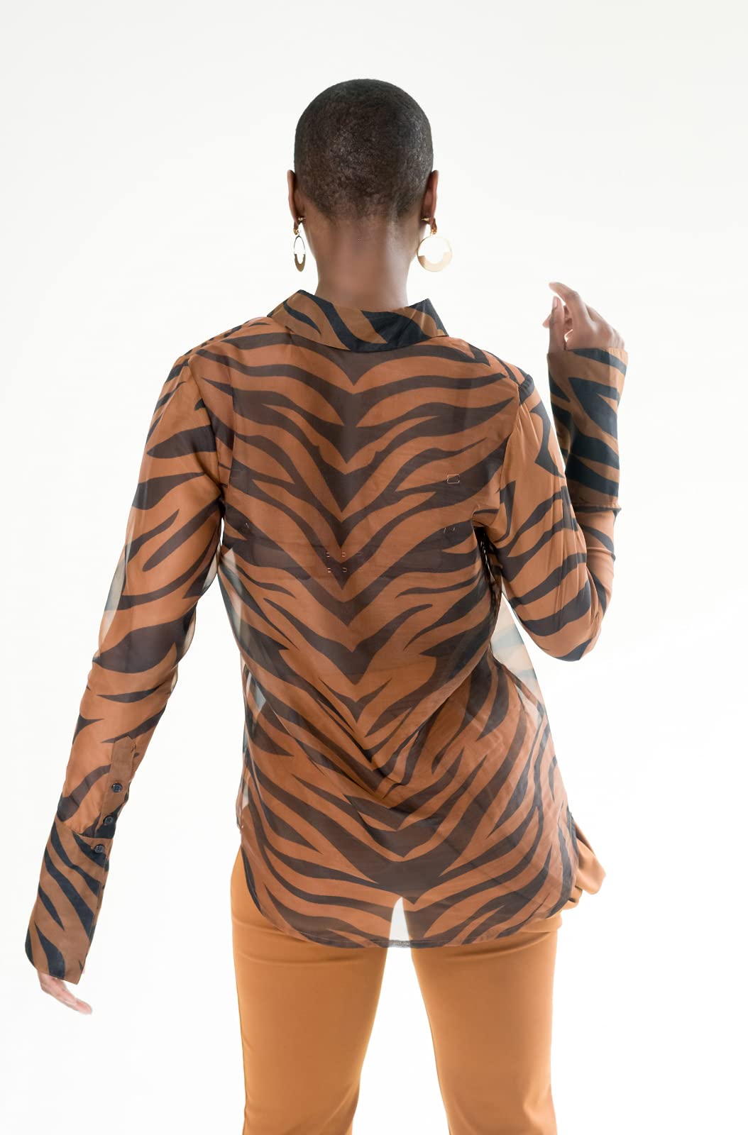 Pantora Women's LaTisha Organza Button Up, Tiger Print, XX-Small